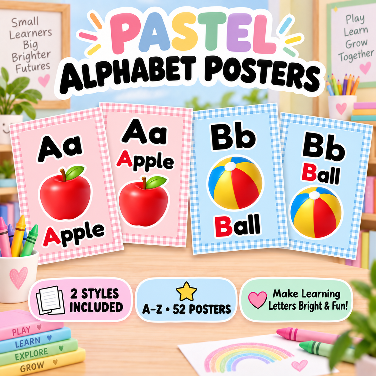 Pastel alphabet poster previews with apple and ball illustrations in pink and blue gingham borders.