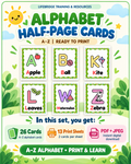 LifeBridge Alphabet Half-Page Cards A-Z with sample cards: 26 cards on 13 print sheets; downloadable PDF and JPEGs