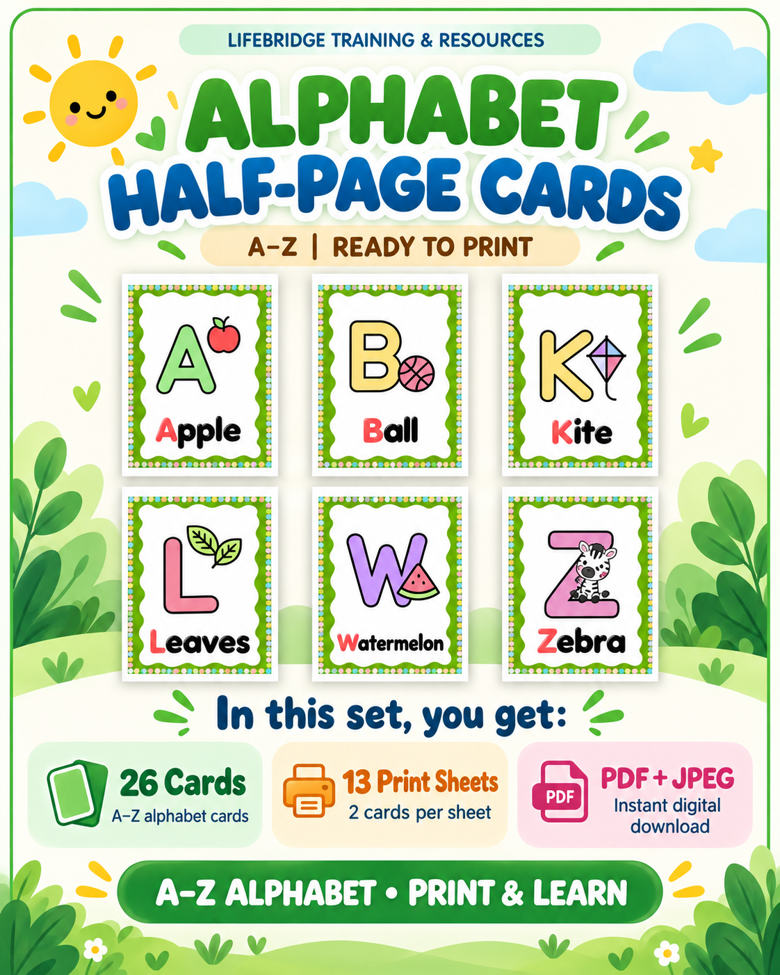 LifeBridge Alphabet Half-Page Cards A-Z with sample cards: 26 cards on 13 print sheets; downloadable PDF and JPEGs