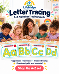 LifeBridge A–Z letter tracing product cover, teacher with preschool children tracing sample Aa Bb Cc Dd cards