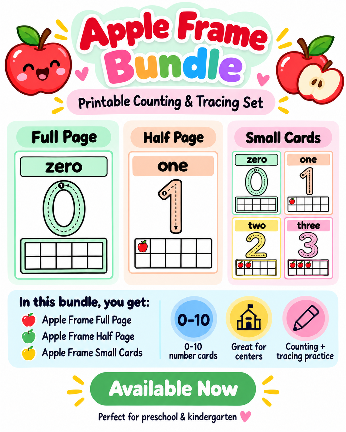 LifeBridge Apple Frame Bundle — printable number cards 0 through 10 in three formats