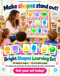 LifeBridge Bright Color Shapes in preschool classroom, showcasing circle, square, rectangle, heart, triangle, oval, cone, sphere, cylinder and cube cards