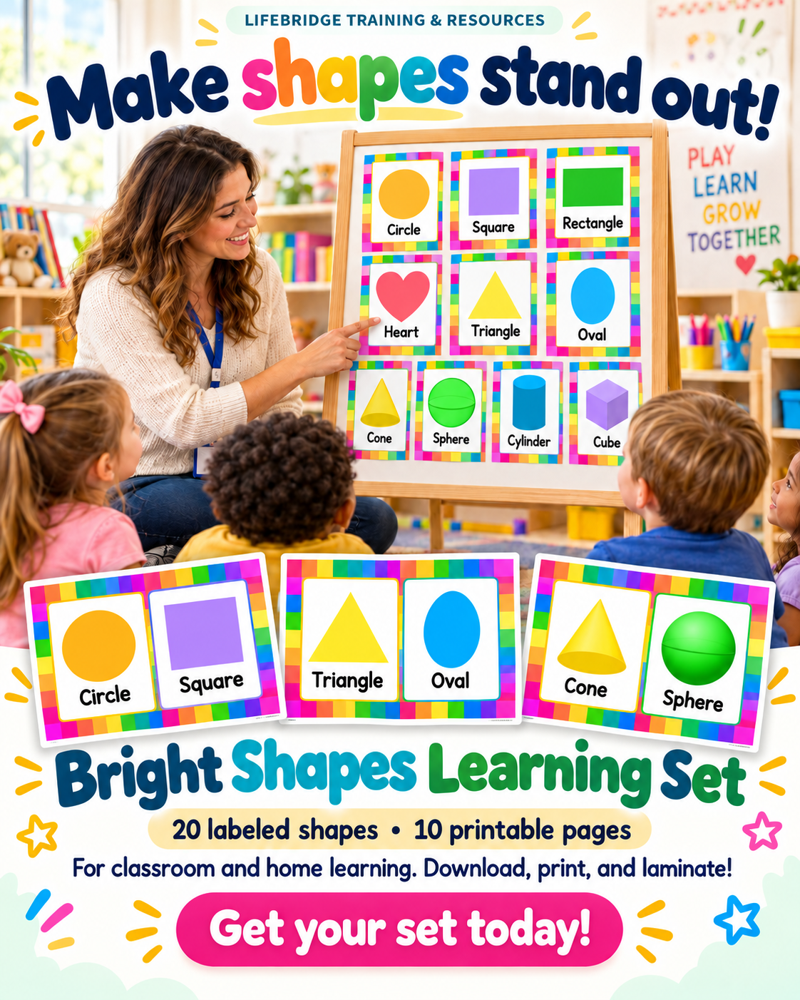 LifeBridge Bright Color Shapes in preschool classroom, showcasing circle, square, rectangle, heart, triangle, oval, cone, sphere, cylinder and cube cards