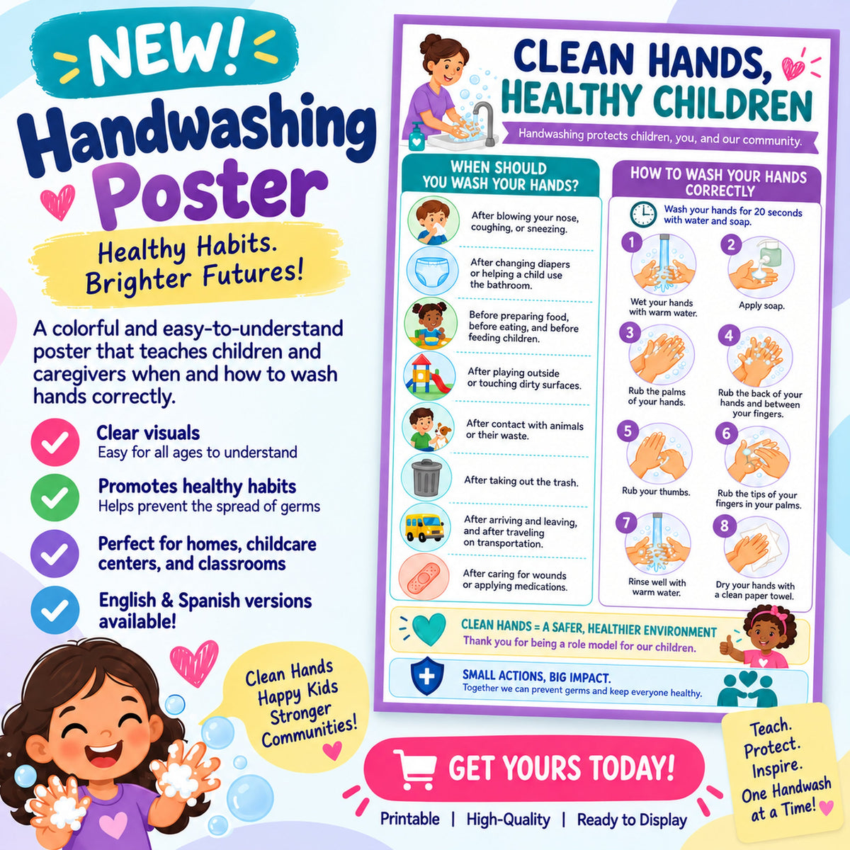 Clean Hands, Healthy Children bilingual handwashing poster collection, English and Spanish