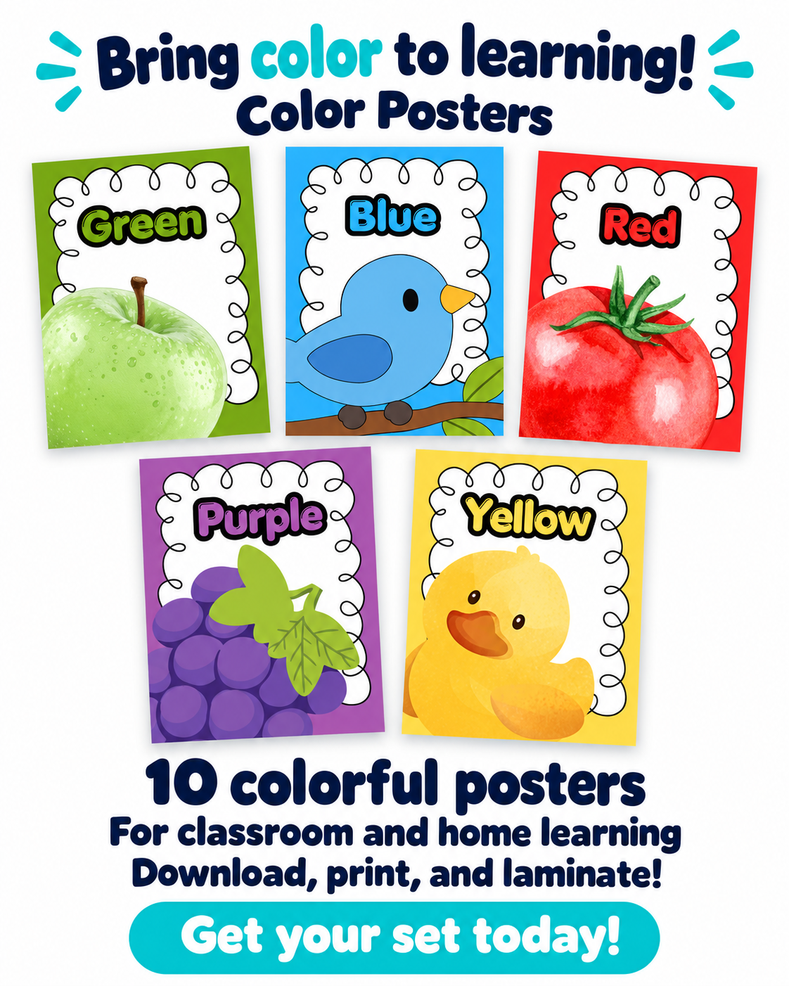 LifeBridge printable color posters with images of green apple, blue bird, red tomato, purple grapes, yellow duck; 10 preschool colors