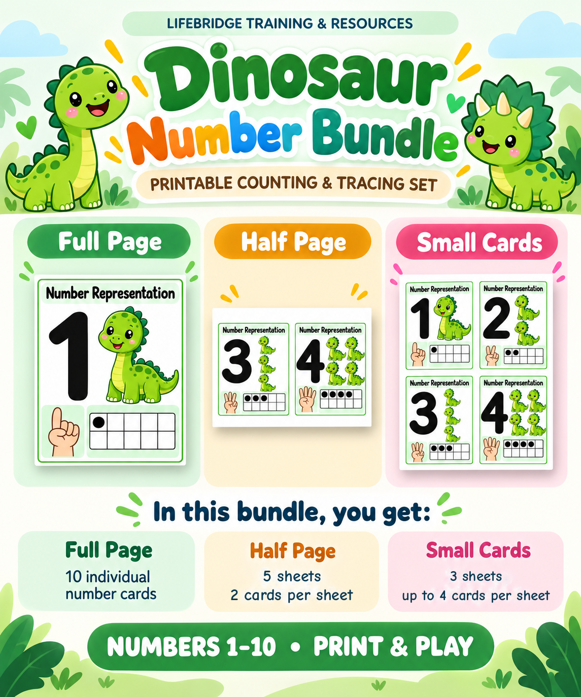 Dinosaur Number Bundle cover with 5 sheets containing 2 cards each and 3 sheets holding up to 4 cards each