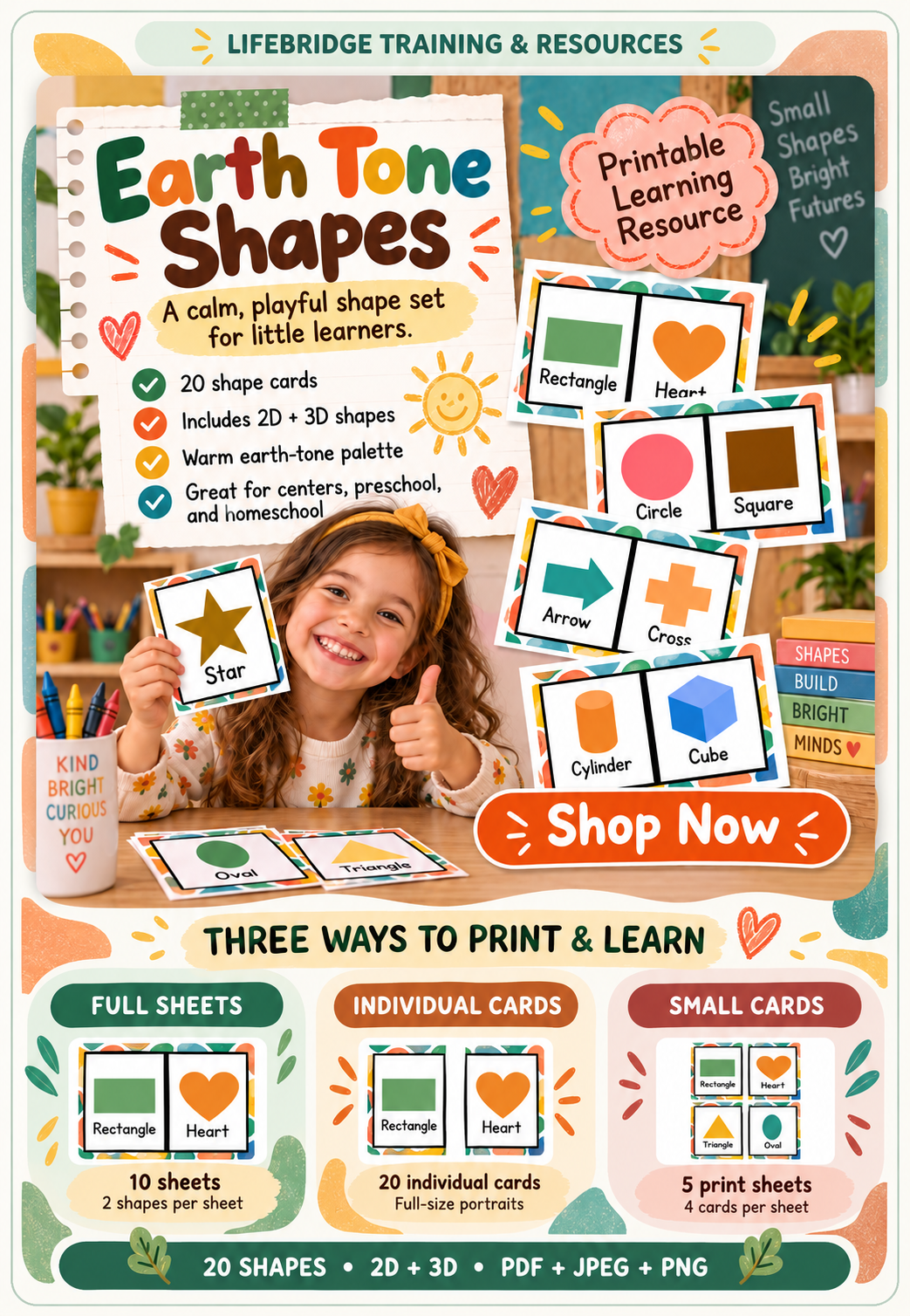 LifeBridge Earth Tone Shapes printable learning cards product advertisement featuring the actual shapes, preschool child holding a star card, and three print formats