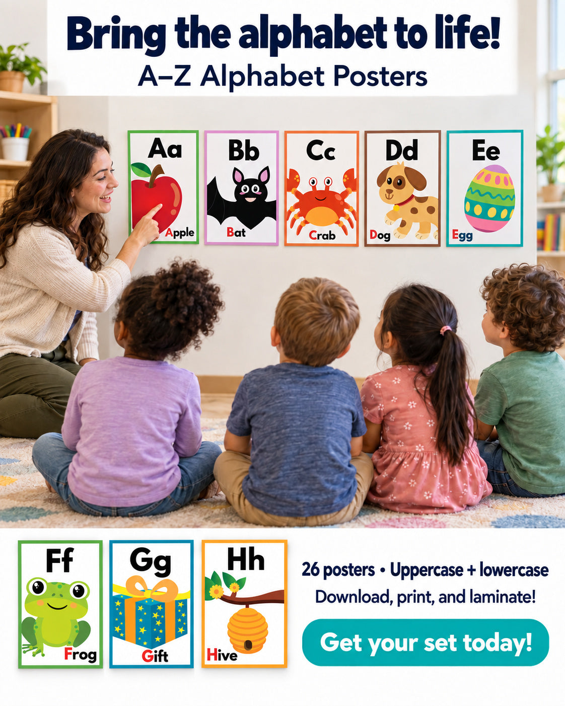 Illustrated A-Z Alphabet Poster set displayed in classroom, 26 uppercase and lowercase letter posters