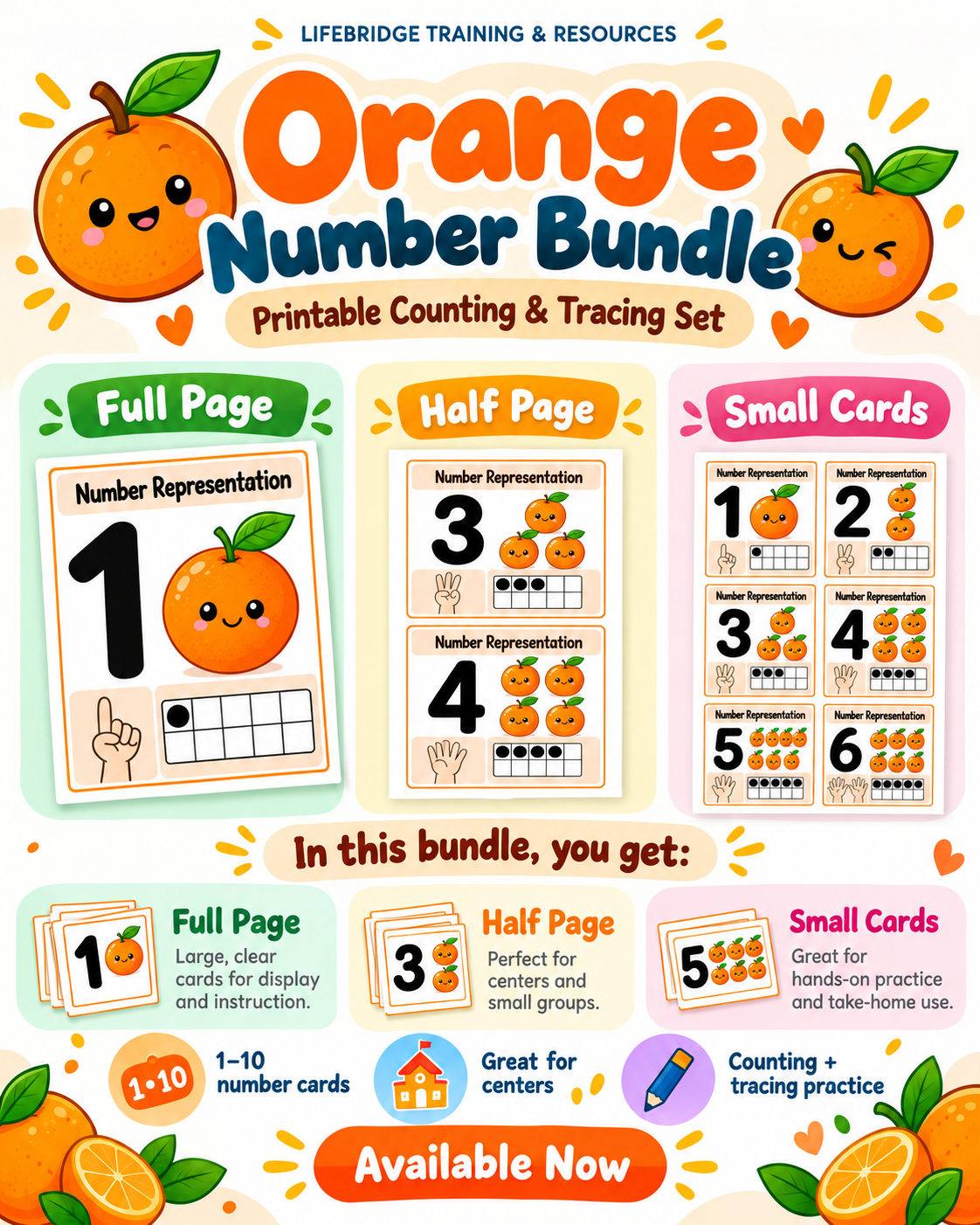 LifeBridge Orange Number Bundle showing full page, half-page, and small number representation cards