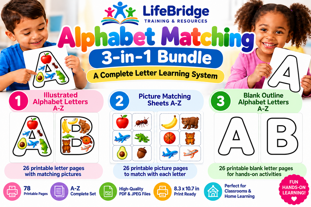 Approved LifeBridge Alphabet Matching 3-in-1 product preview, including illustrated letters, picture matching sheets, and blank outline letters