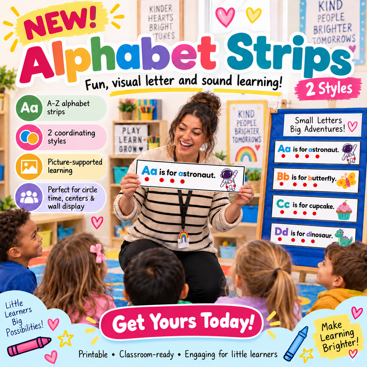 Alphabet Strips promotional presentation showing preschool classroom circle-time use