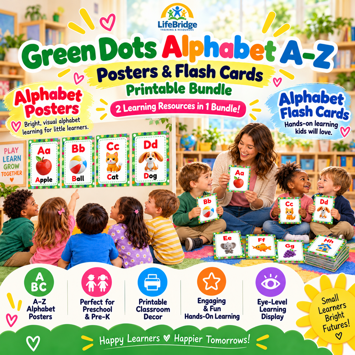 LifeBridge Green Dots Alphabet A–Z posters and flash cards combined classroom presentation
