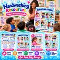 Handwashing Style 2 classroom presentation showing seven-step overview poster, individual step cards, half-page cards and provider guide